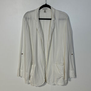 Ellen Tracy Blazer Women’s Size Large White Linen Rayon Roll Tab Sleeves Pockets